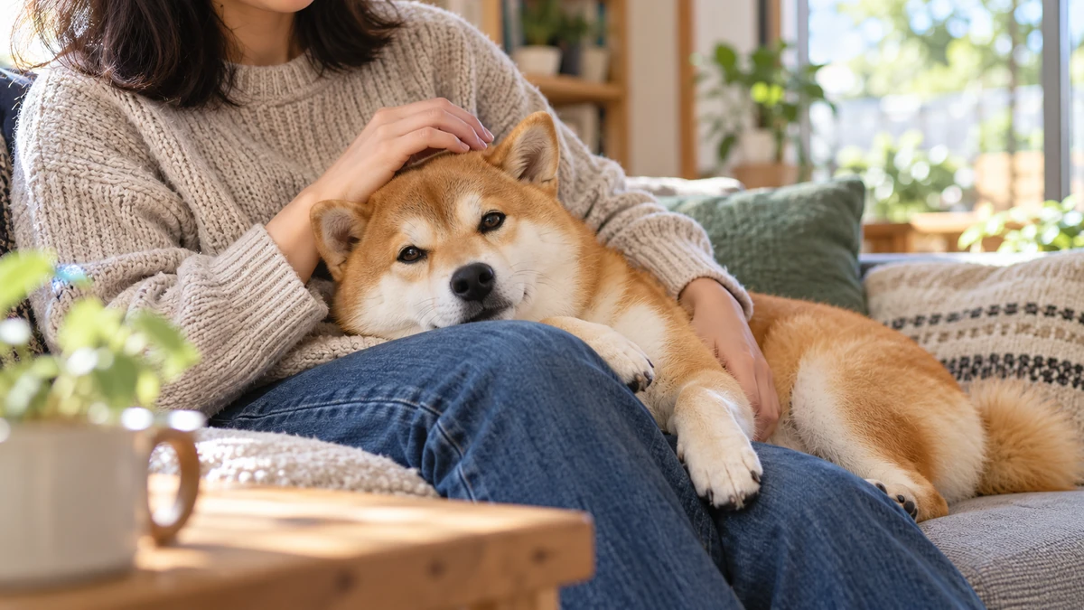 Shiba Köpek köpek — sahibinin kucağında
